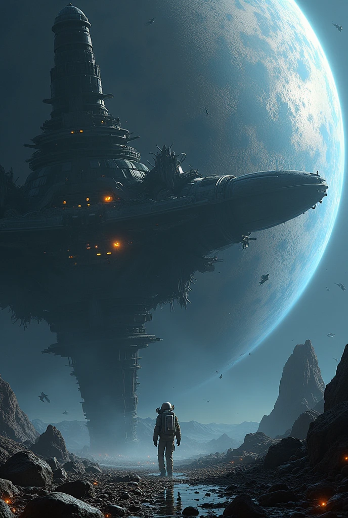 A massive space station orbiting a distant planet, partially destroyed and abandoned. Floating debris and flickering lights hint at a catastrophic event. A lone astronaut drifts outside, looking for clues.