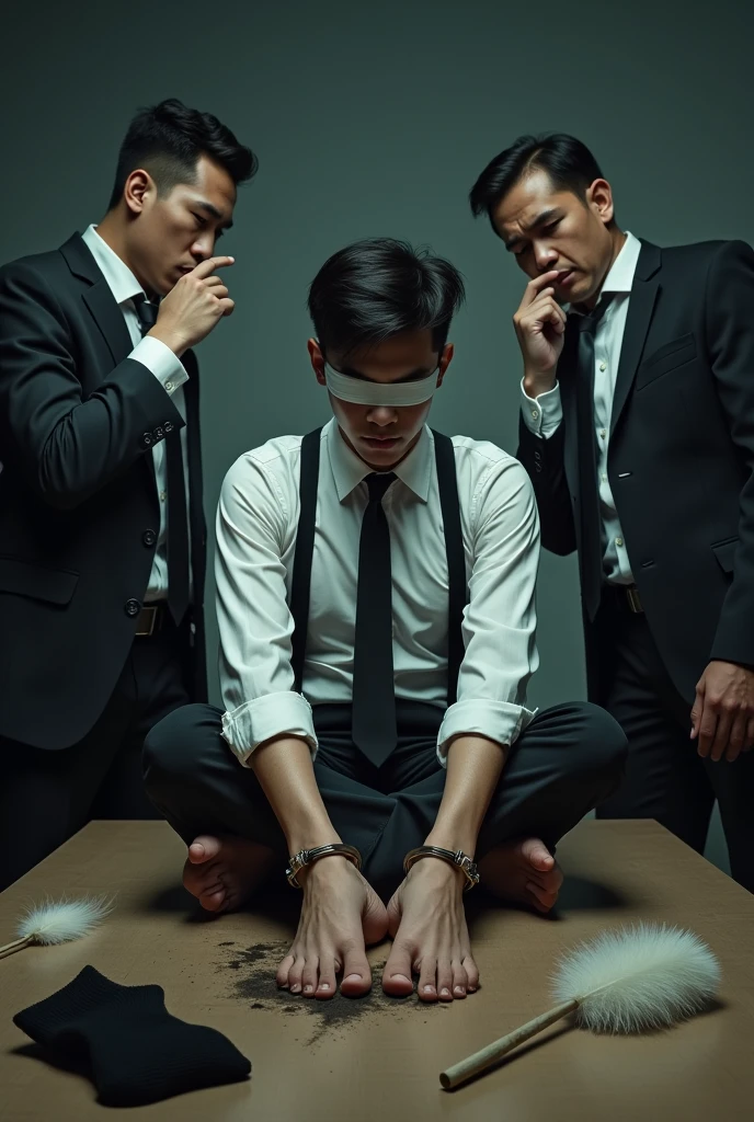 Malaysia malay handsome 23years student
He fainted
Smelly feet
His hand handcuff in abondon warehouse
Blindfolded
handcuff
Formal Outfit
Focus sweaty hot feet on desk
feather duster on desk
Dirty Black sock on desk
2 mafia pinch nose