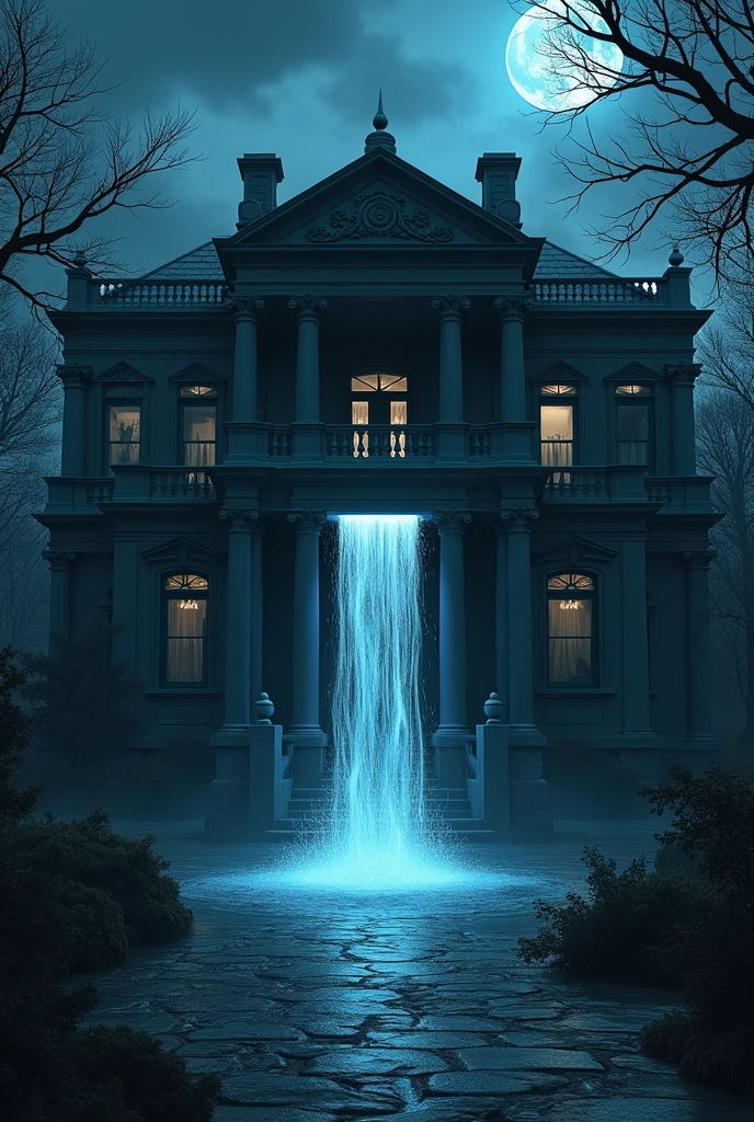 Create a 1:1 of a beautiful house, but mysterious water came out of the door, on a scary night 