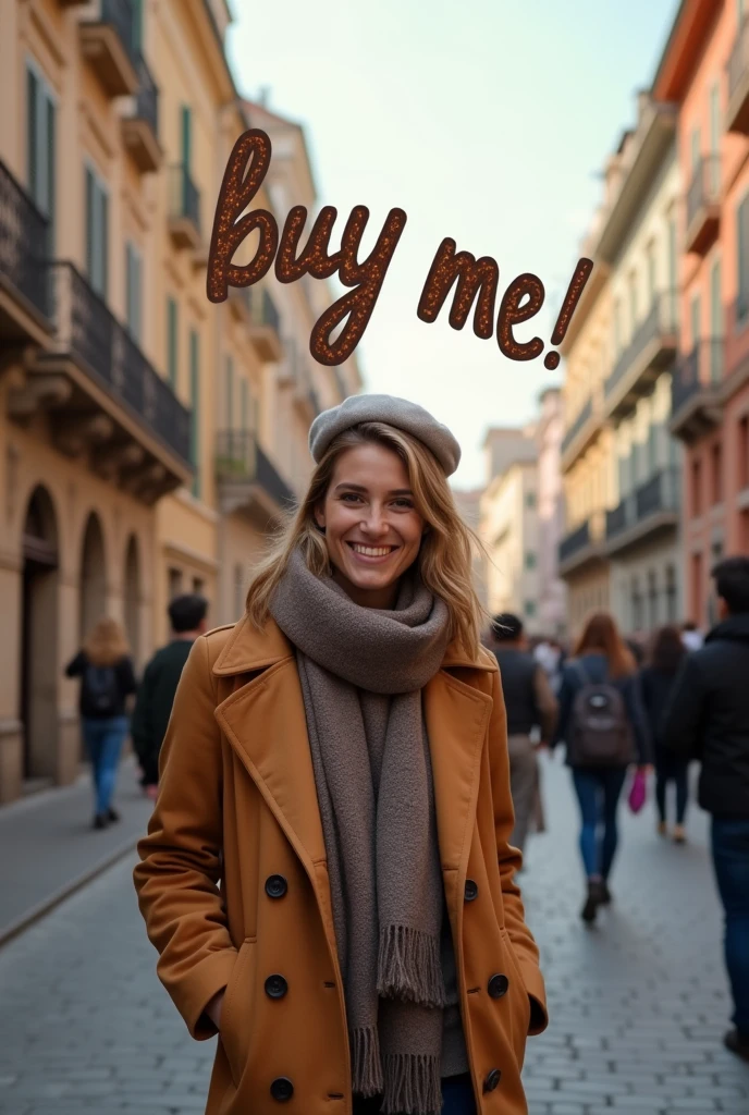 A happy Milanese with a "buy me" in Spanish floating up