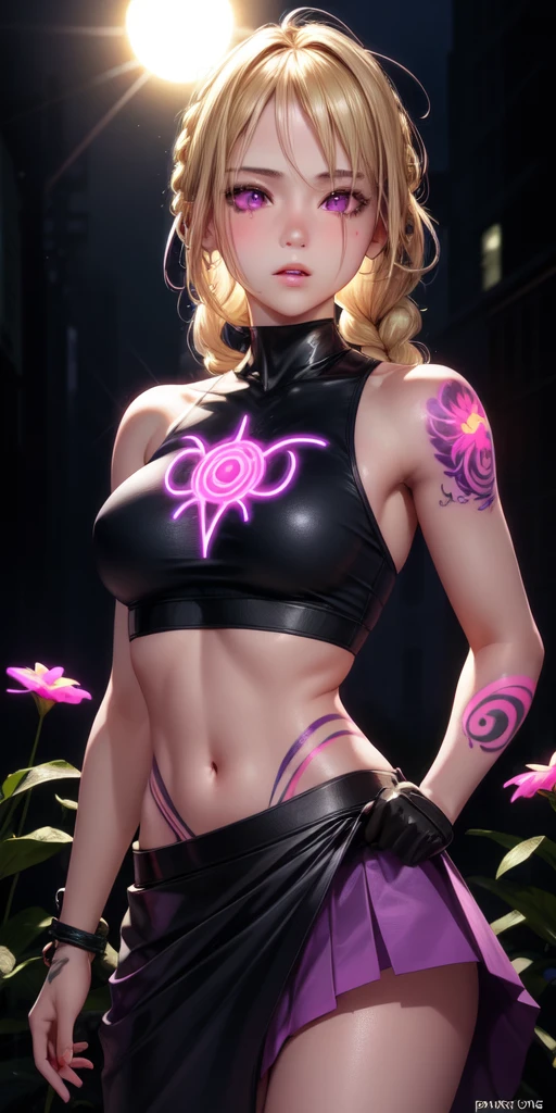 realistic, 1girl, blonde hair, braided, purple eyes, glowing eyes, crop top, skirt, parted lips, blush, night, flowers, sun, sunlight, perfect anatomy, ((neon tattoo))