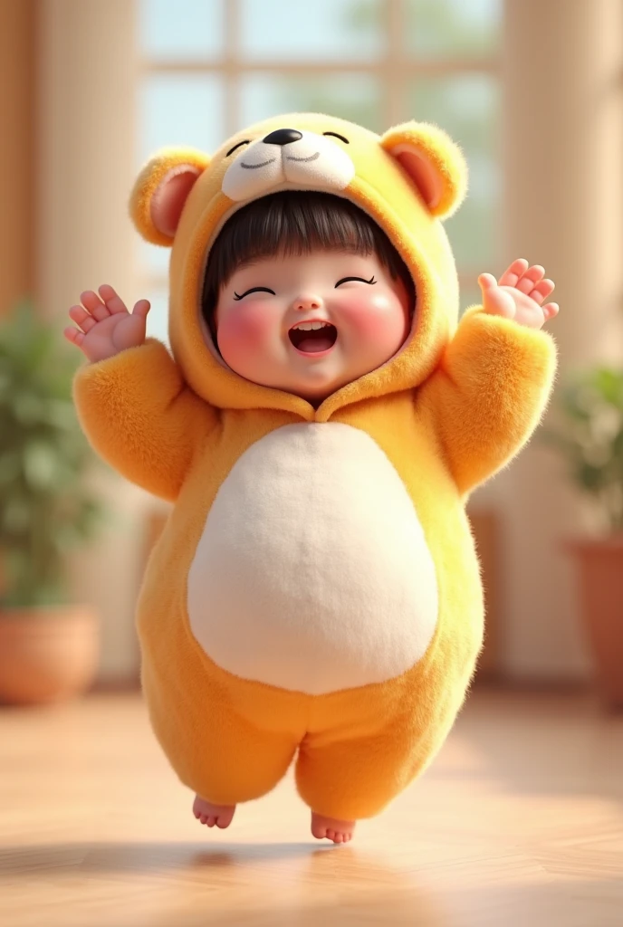(girl),(()) ,3d images ,Highest quality 8K ,Chubby body shape,((Very fat)),Pink cheeks,podgy,Good mood, very happy,Gym is good,((jump)),((Raise your hand to greet)),Put on a stuffed animal costume,Balanced lighting,blurred background,Middle of the picture
