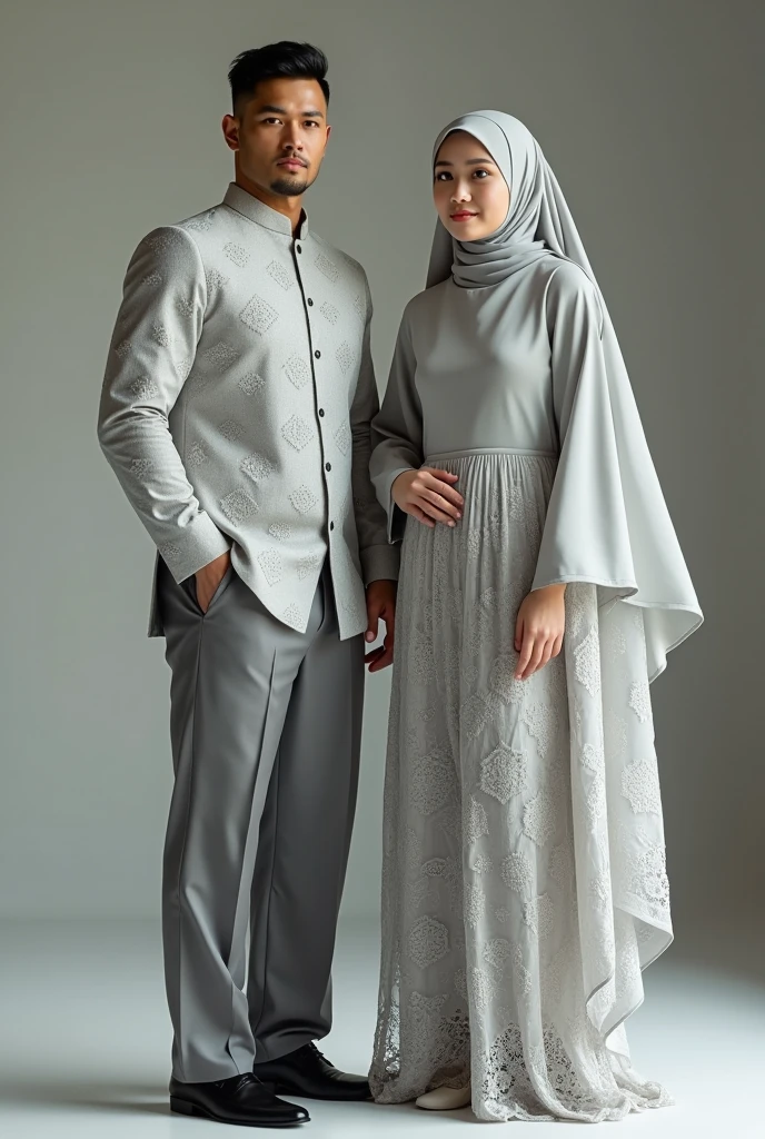 A strong man wearing a short songket coat with diamond flower pattern in light gray color and slack pants in gray color together with a Muslim woman wearing a light gray lace flowered dress and a long pom pom hijab drape layer fashion