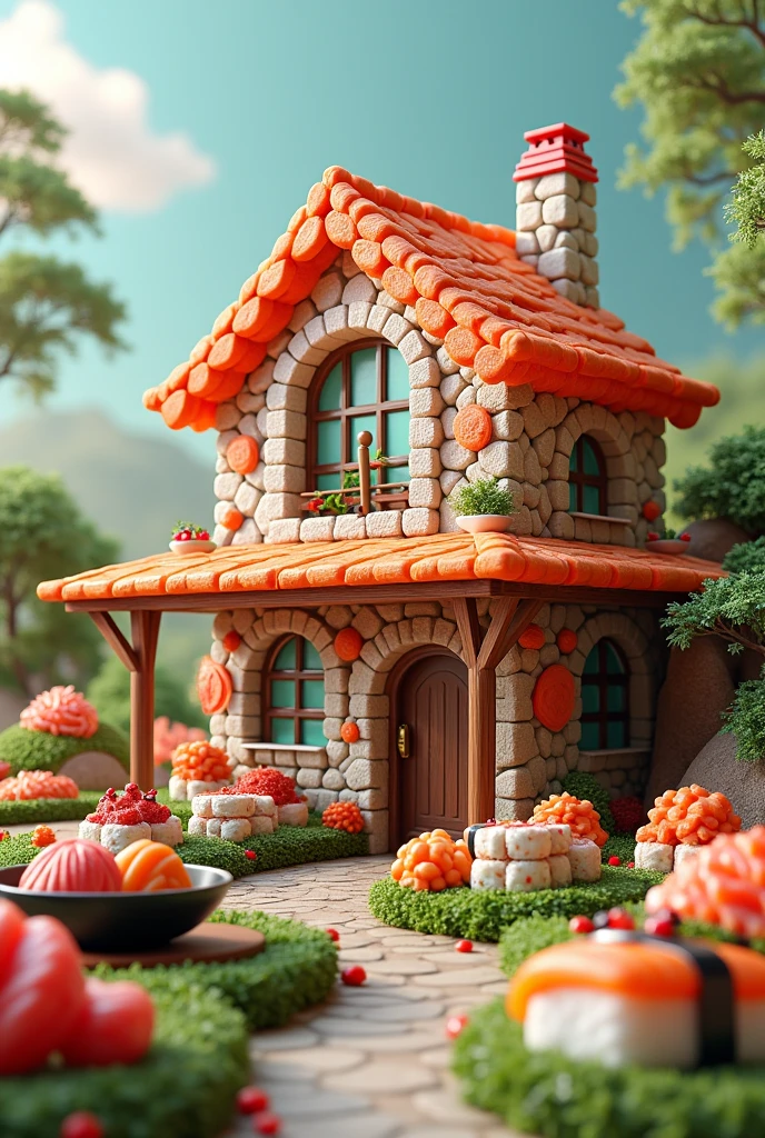((masterpiece, 8k, best quality, 8k, super realistic, high resolution:1.3)), realistic house, house made of sushi, sushi world, Sashimi in a frying pan, wall made of cooked rice, paper holder of some sushi.