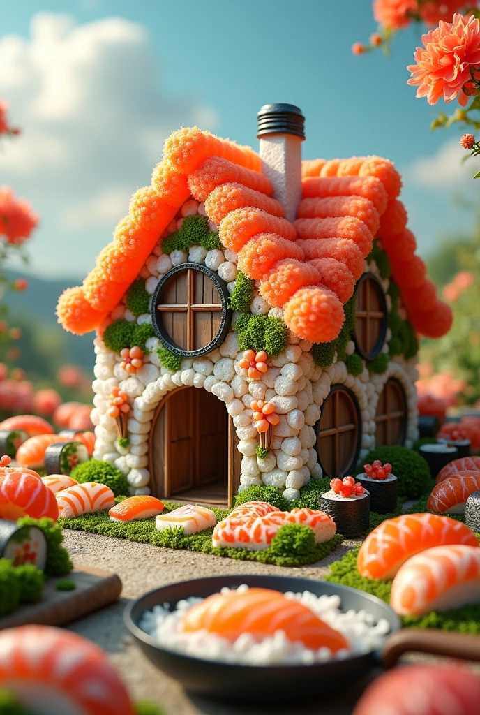 ((masterpiece, 8k, best quality, 8k, super realistic, high resolution:1.3)), realistic house, house made of sushi, sushi world, Sashimi in a frying pan, wall made of cooked rice, paper holder of some sushi.
