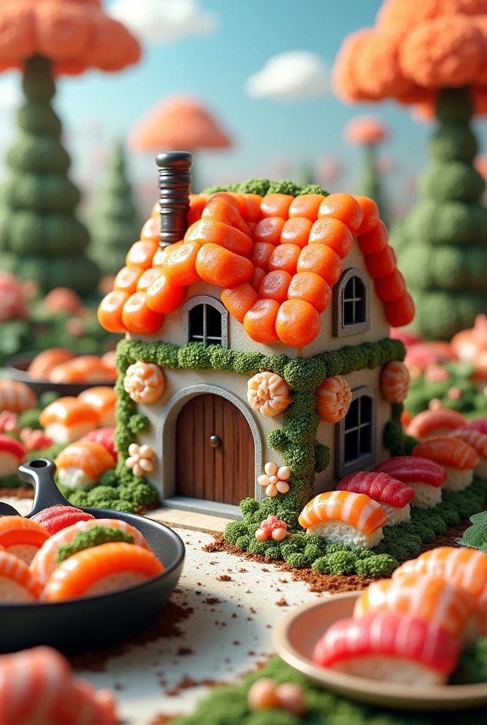 ((masterpiece, 8k, best quality, 8k, super realistic, high resolution:1.3)), realistic house, house made of sushi, sushi world, Sashimi in a frying pan, wall made of cooked rice, paper holder of some sushi.