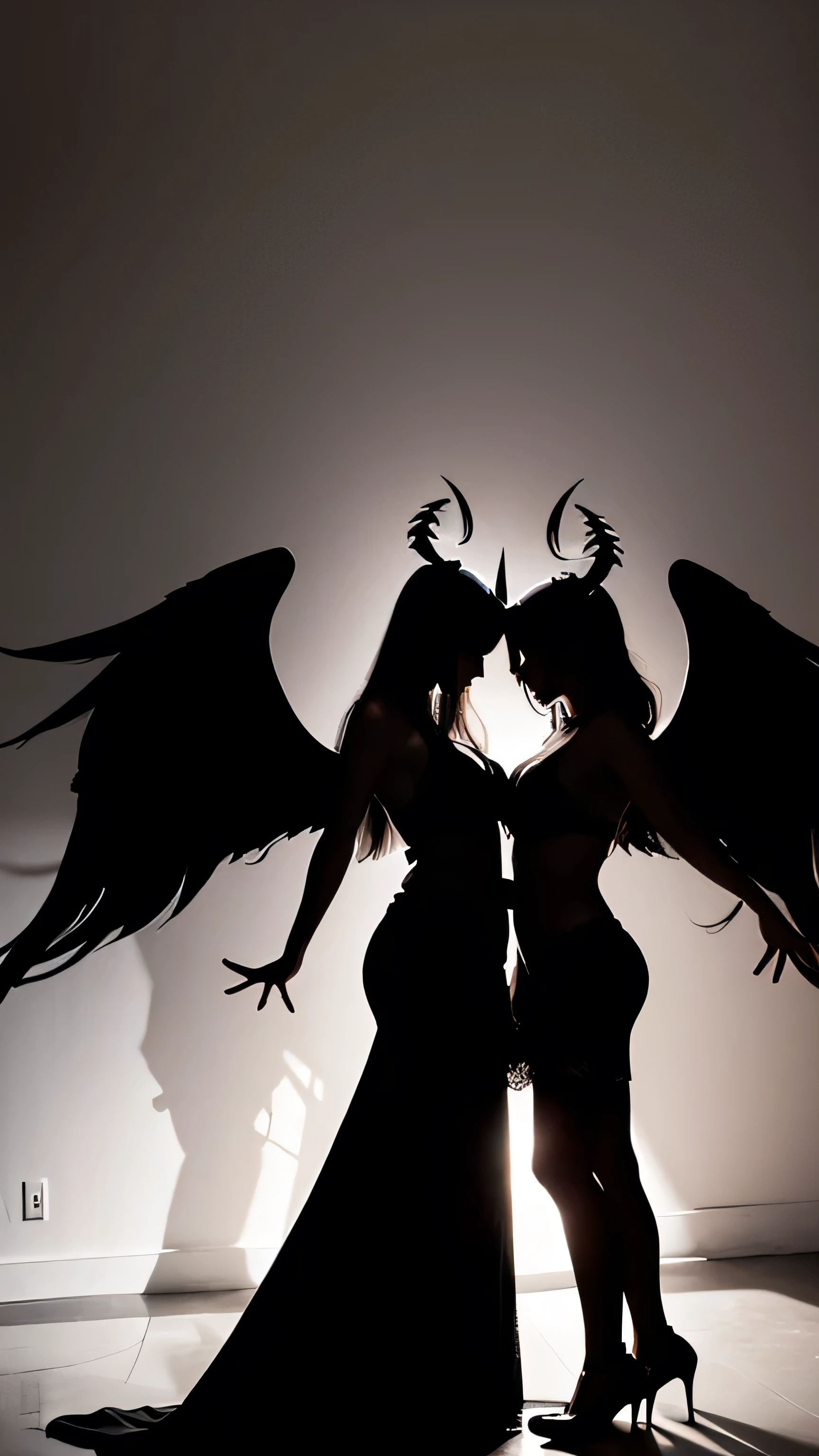 masterpiece, 2 girls, angel girl and daemon girl, (dancing), looking another, from side, demon horns, claws, demon wings, long tails, full body, (very wide shot:1.5), backlighting, silhouette, rooftop, night, full moon, contrast, monochrome, BREAK, angel halo, angel wings