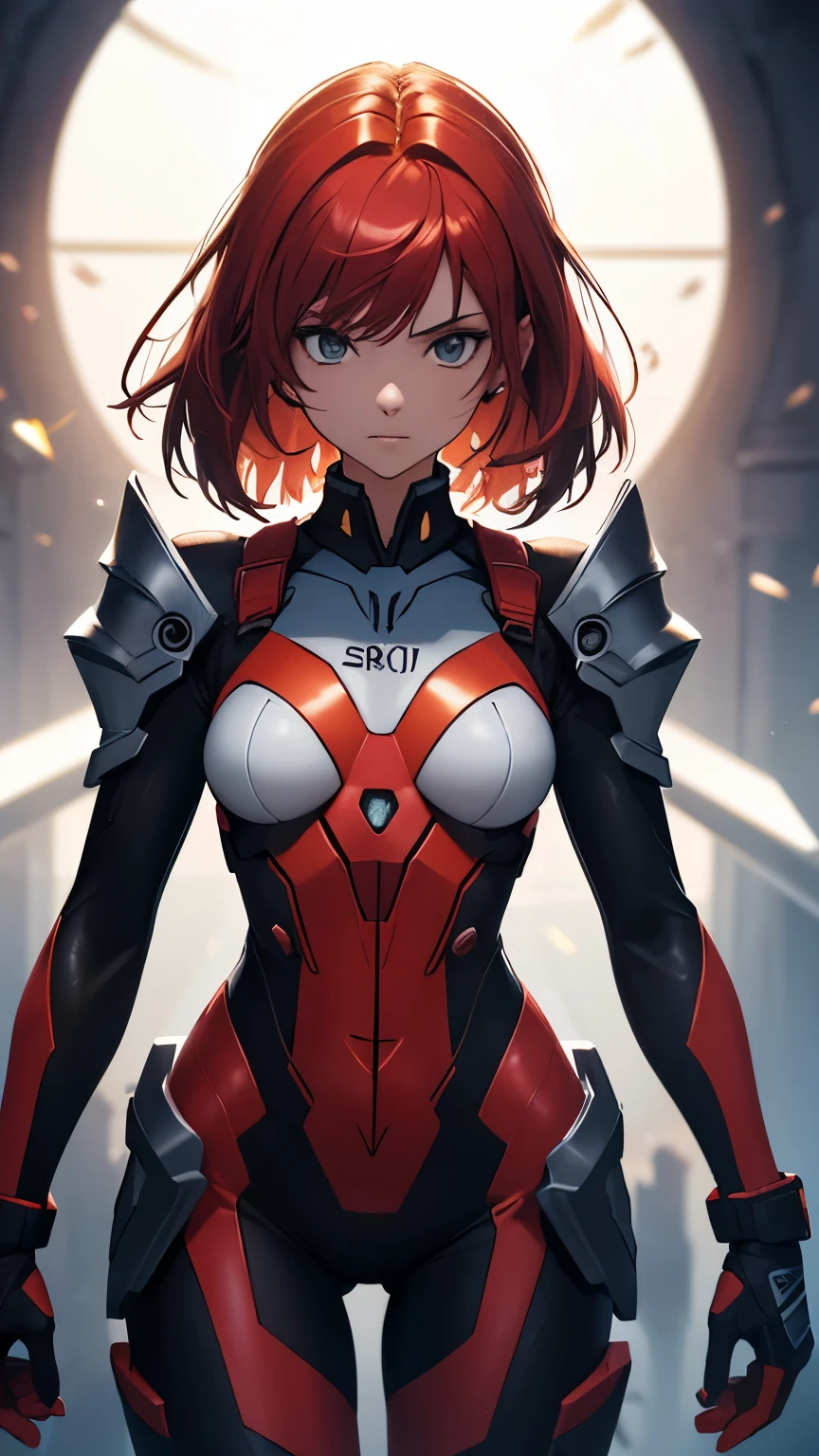 ((best quality)), ((Masterpiece)), (details:1.4), 3d, HDR (high dynamic range), an image of a beautiful cyberpunk female, SLEEK Style, Red hair, White eyes, จมูกโด่ง, ปากแดง, หน้าอกใหญ่, nvidia RTX, PBR surface, After processing, Anisotropic filtration,depth of field, Maximum clarity and clarity, multi-layered surface, Subsurface scattering, perfect proportions, 8K raw files, ความละเอียดสุดยอด, Unreal 5, Perfect proportions, Octane Render, Two-tone lighting, Wide aperture, Low ISO, รายละเอียดดวงตา, crusader, Black armor, Guardian Helmet, jewely, ต่างหู