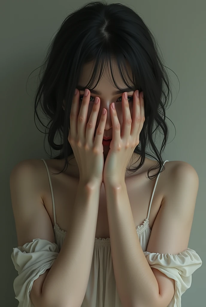 Hello, I need to generate an image of a covering her face with her hands with no background behind her