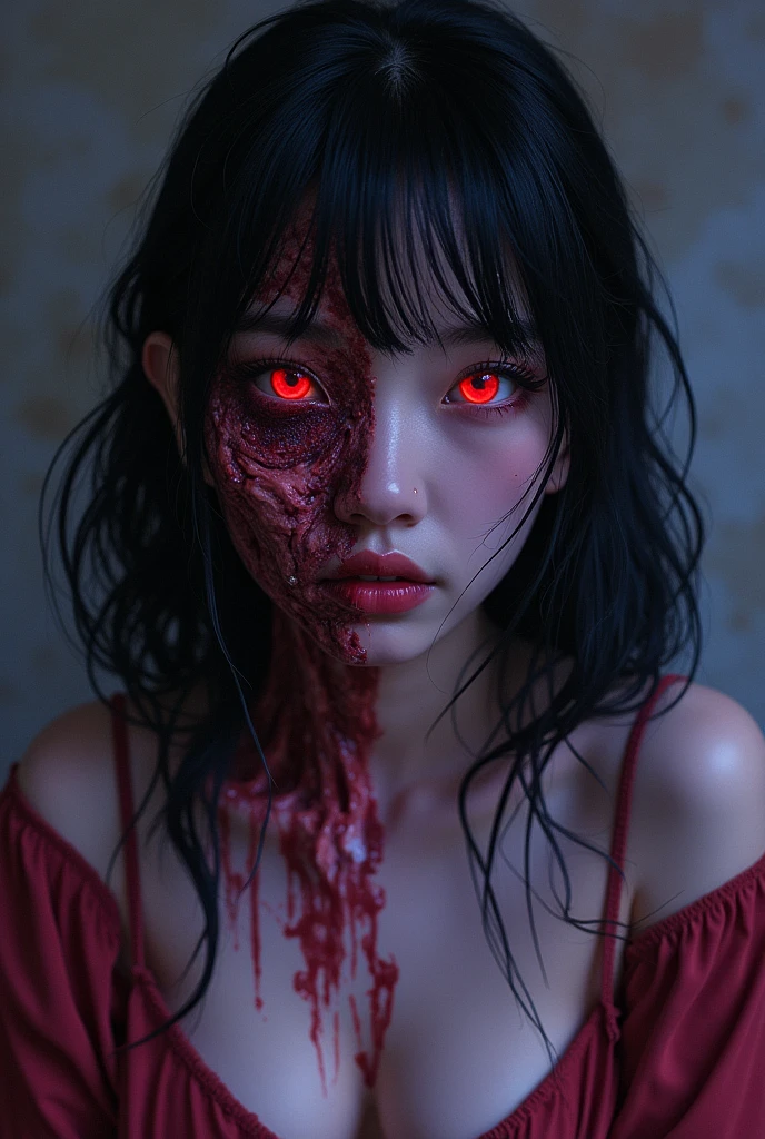 Korean woman, half face hauntingly beautiful, other half gruesomely rotten, red glowing eyes, flesh divided down the middle, skin ghostly pale, ensconced in a nightmarish backdrop, ebony hair cascading with bold, straight bangs, wearing a short outfit, seated with an intense, expressionless gaze directed at the viewer, dark palette rich in purples, reds, blacks, blues, and prunes, capturing a blend of the unique manga styles