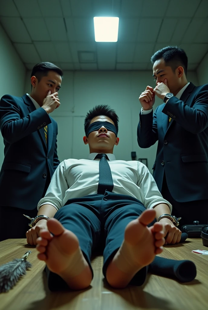 Malaysia malay handsome 23years student
He fainted
Smelly feet
His hand handcuff in abondon warehouse
Blindfolded
handcuff
Formal Outfit
Focus sweaty hot feet on desk
feather duster on desk
Dirty Black sock on desk
2 mafia pinch nose