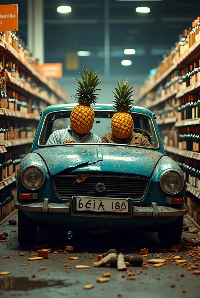 A man and a woman crash their car in the wine aisle of Mercadona, They both have a pineapple face down in the car