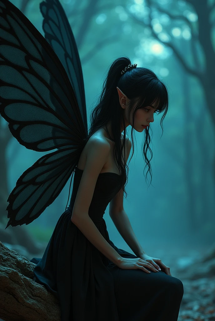 Realistic woman like a Fairy sitting, small dark dress, beautiful shy face, very large dark wings, fantastic background at night, tinker bell, 2, looking down, side view