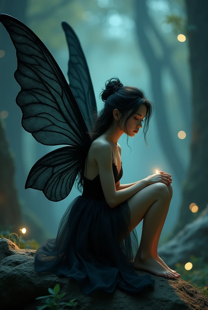 Realistic woman like a Fairy sitting, small dark dress, beautiful shy face, very large dark wings, fantastic background at night, tinker bell, 2, looking down, side view