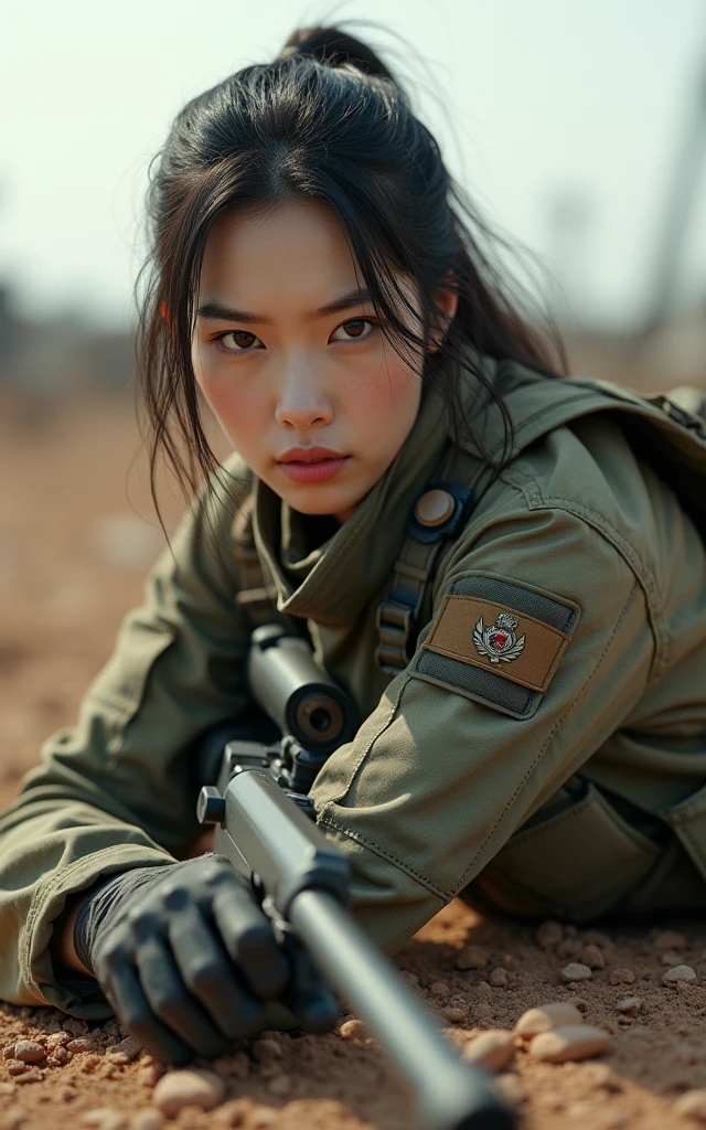 Ultra-high resolution,High-resolution details,Photo-real, Ultra-realistic, (1 Korean female sniper,Super beautiful,Super white skin), (fully armed,Ready to fight:1.5), (Wearing Army paratrooper camouflage uniform,Wearing a military helmet:1.5), Large breasts, (Tactical Vest, Military wiring harness:1.3), (Military boots:1), Dynamic Angle, Spectacular,,Reality、Realistic skin texture、(Lying on the ground aiming with a sniper)98k、permanent、On the ruins、Brown dust、Action poses and movements、(full-body shot,panorama distant view,Wide-angle lens)