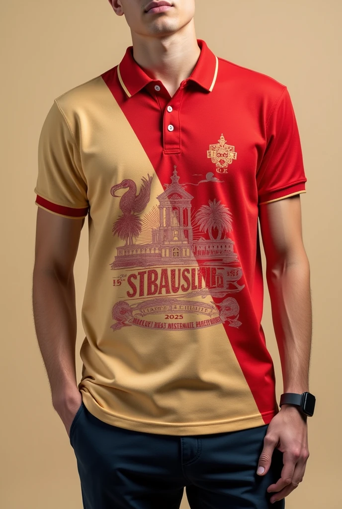 2025 promotion polo shirt, red and beige color, with design in the front part, for last year highschoolera