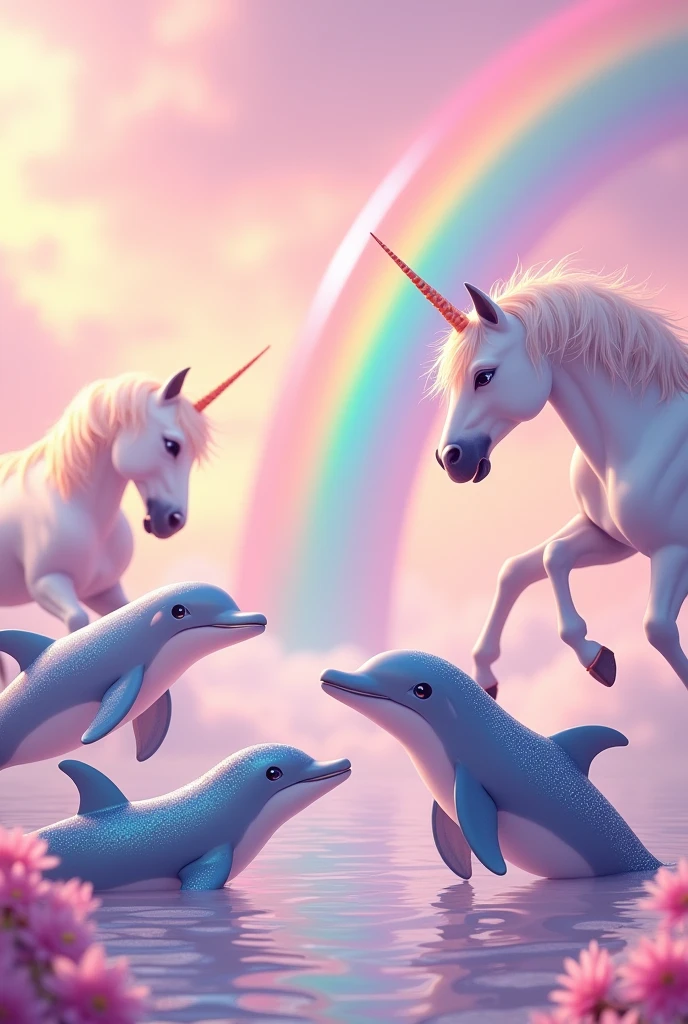 Make me some dolphins with lots of rainbows and 3 unicorns with a pink background