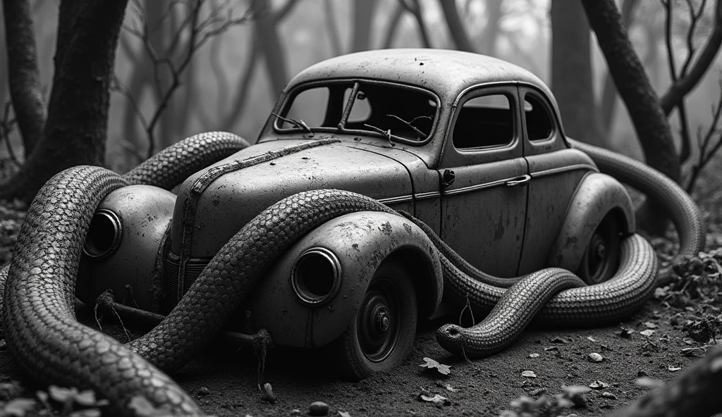 give me a picture of a rusty old car wrapped around a large snake in black and white speckled with a forest background with a creepy, mossy comparison [9:16]