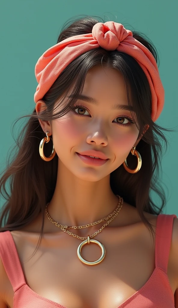 80s style woman with a fabric headband with a plastic accessory ring located in the middle, with earrings and hoop necklace of the same plastic material. The woman's hair is loose and straightened..