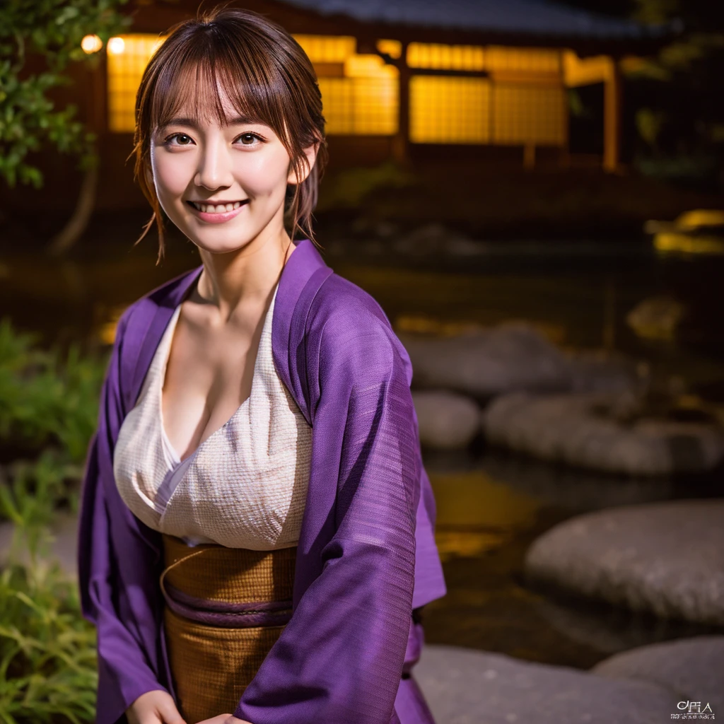 High resolution, masterpiece, 最high quality, Very detailed, high quality, Textured skin, Brown Hair, Natural smile, Japanese garden,night,Cinematic lighting, Yoshioka Riho,Hakama,Purple kimono,Large Breasts, E-cup,Background blur, raw,Professional Photography,Cinematic lighting,