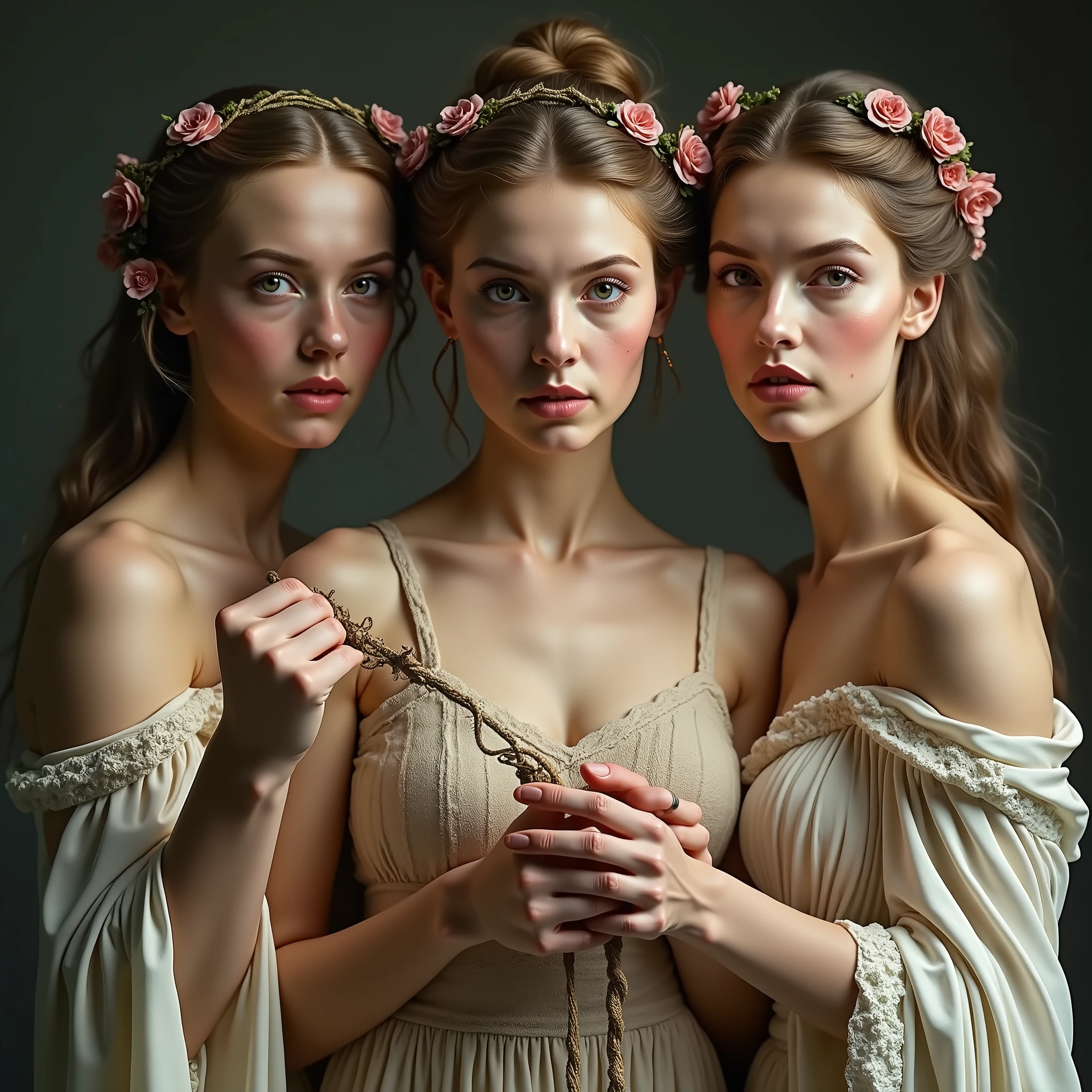 (photorealism:1.2), Realistic color photo of the three fates, Clotho 20 years old  who spins the stamen, Lachesis 40 years old who spins the spindle, Atropos 80 years old who cuts the thread, looking at the camera with proud and haughty look, high detailed skin, skin pores, rim lighting, soft natural lighting