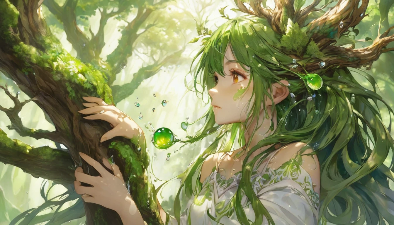 One Girl, Female tree spirit, Wood Hair, Internal boiling acetic acid, Apply a few drops of acetic acid to the skin,