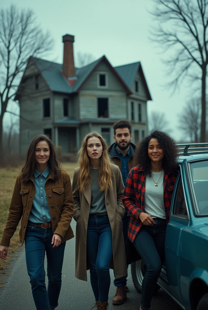 Four friends in leaving a car and for granny haunted house and 1 friends reaction this is granny house  this image front camera 
