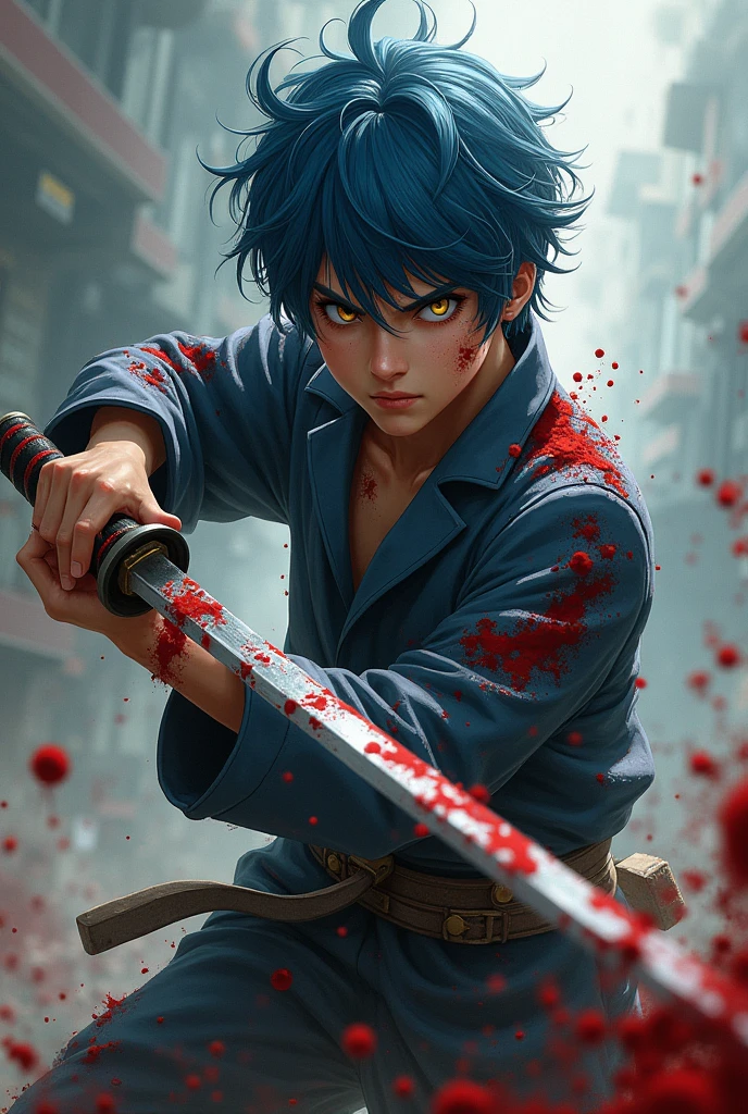 Create an image of a young warrior in the midst of an intense battle. He has messy blue hair, intense yellow eyes, and wears a torn and bloodstained suit, suggesting that he has been struggling for some time. The warrior holds a bloody katana tightly, the blade reflecting his fierce determination. Drops of blood are scattered around, both in the background and in your clothing, increasing the feeling of brutal and relentless combat. The expression on his face should show concentration and endurance., reflecting the intensity of the moment.
