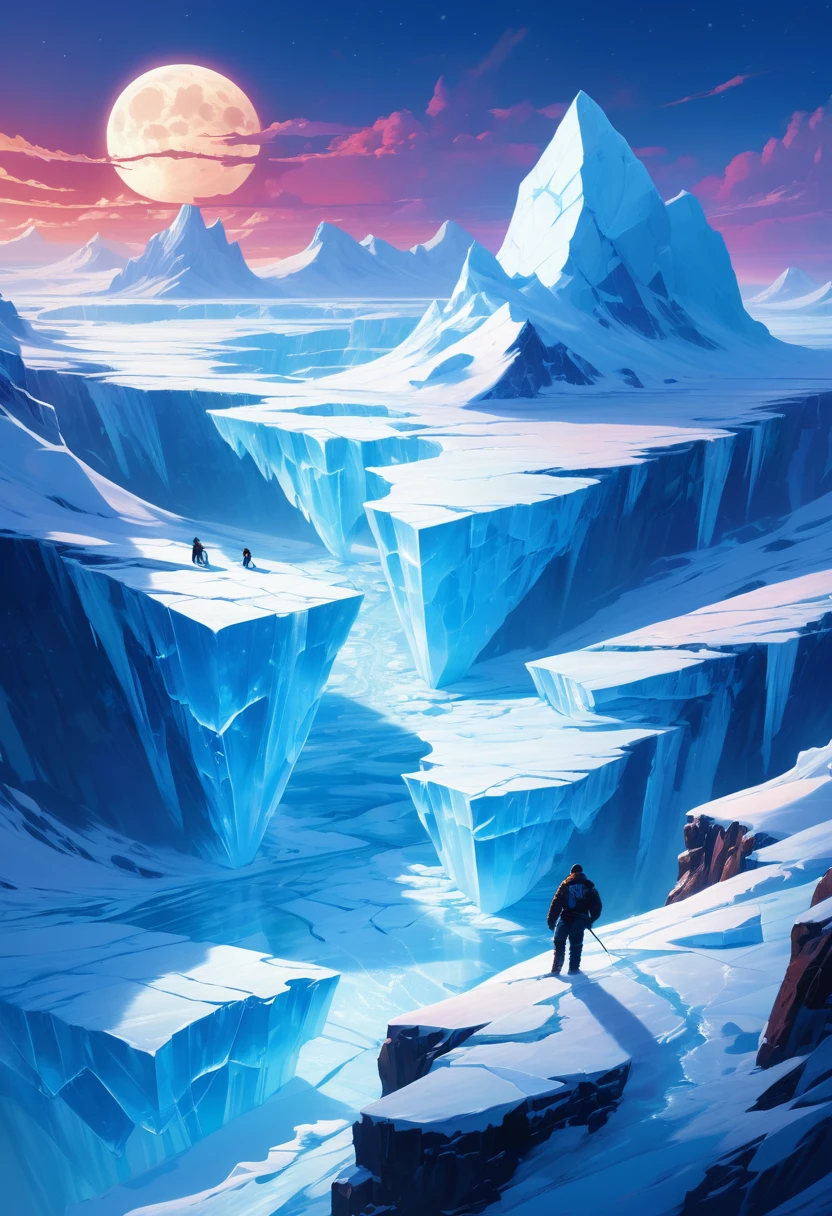 Ice cubes,ice crystals,iceberg,Lots of ice and snow,Roaring at the beautiful moon on the vast and cracked ice, Aerial View, Epic scenes, , Poignant, Works by Ross Tran, Ilya Kuvshinov, and Johannes Helgesen, Greedy Punk