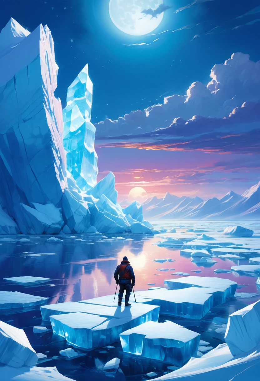 Ice cubes,ice crystals,iceberg,Lots of ice and snow,Roaring at the beautiful moon on the vast and cracked ice, Aerial View, Epic scenes, , Poignant, Works by Ross Tran, Ilya Kuvshinov, and Johannes Helgesen, Greedy Punk