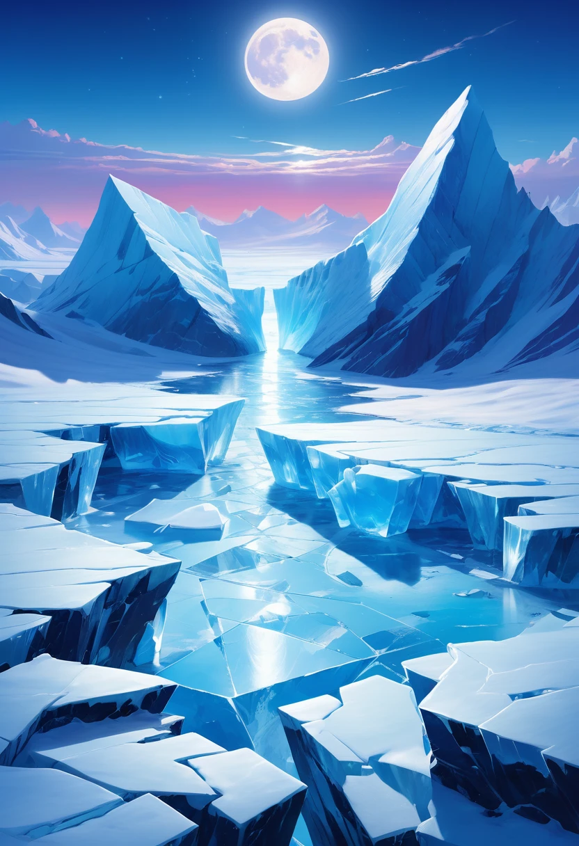 Ice cubes,ice crystals,iceberg,Lots of ice and snow,Roaring at the beautiful moon on the vast and cracked ice, Aerial View, Epic scenes, , Poignant, Works by Ross Tran, Ilya Kuvshinov, and Johannes Helgesen, Greedy Punk