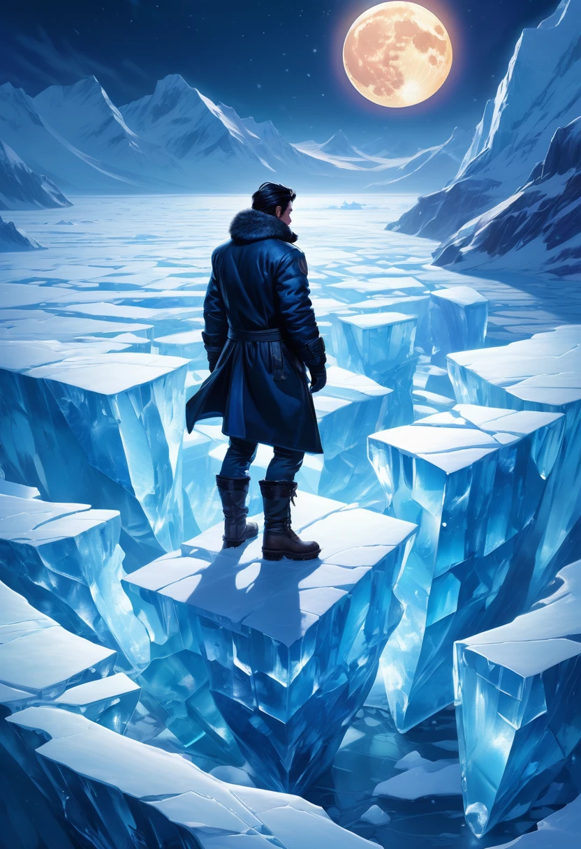 Ice cubes,ice crystals,iceberg,Lots of ice and snow,Roaring at the beautiful moon on the vast and cracked ice, Aerial View, Epic scenes, , Poignant, Works by Ross Tran, Ilya Kuvshinov, and Johannes Helgesen, Greedy Punk