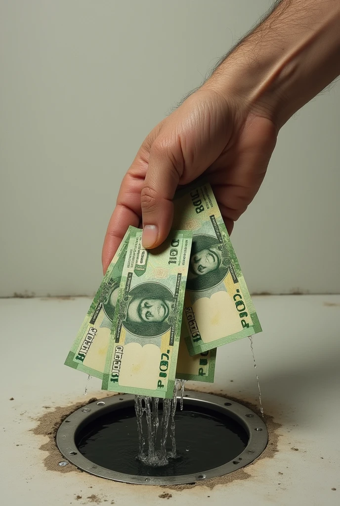 a real person&#39;s hand holding 100 reais and 50 reais notes as the money runs out of the hand and into a drain. It is important that the currency used is the Brazilian real..