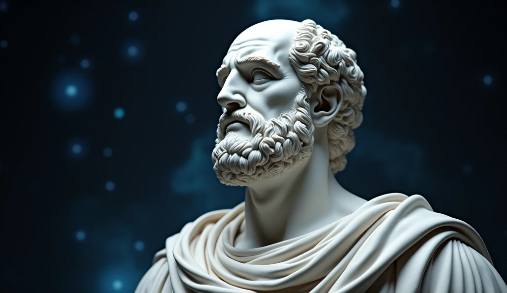A realistic Greek white marble statue of Aristotle, brawny, brave and scary, detailed wearing a ghostly toga, neutral background, temperamental, , photorrealistic, super detailed, hyper realist, dark galaxy background, , close up serious face against background of intense bright galaxies, super realistic and visible, leave the bottom closer 