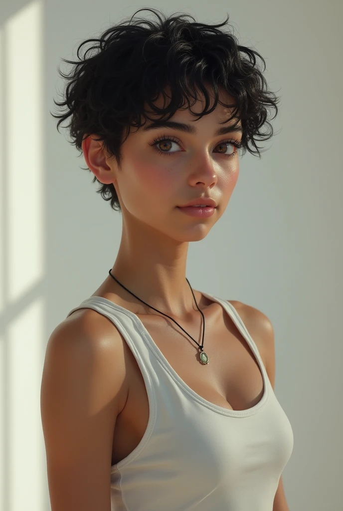 Tall young Latina ager woman with short curly black hair and hazel eyes and androgynous