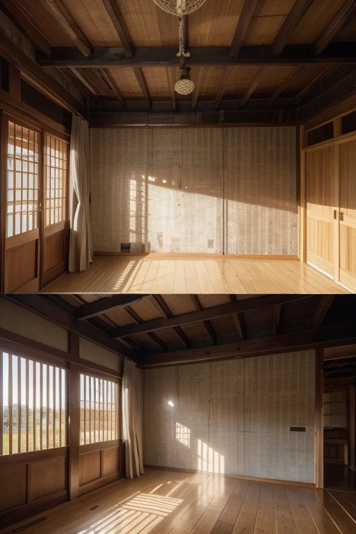 Images of a panoramic view of an architectural design with wabi-sabi elements: textured walls, Natural Wood, and an atmosphere of calm and simplicity. Text on screen: "Discover the beauty in imperfection."