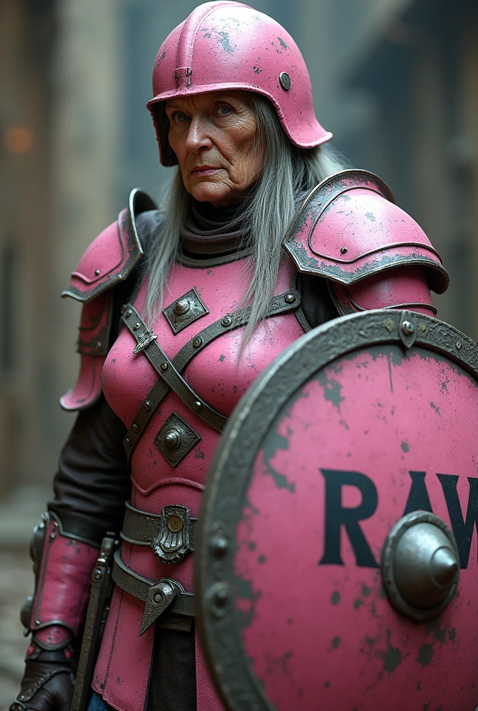 Old woman of 70 years with long gray hair with a side braid pink armor with shield in her hand with the writing RAW with a pink helmet on her head 