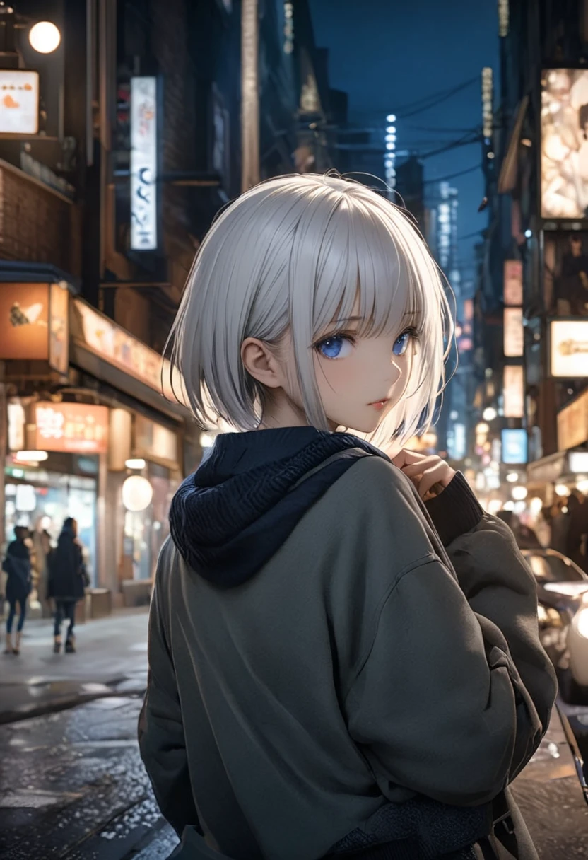 (8K, 4K, Best Quality, High Resolution: 1.2) ,1 girl, megami magazine, white hair, short hair, blue eyes
、((masterpiece)),(((Best quality))),(Character Design Sheet,same character,Front,side,back),iRAW photo, portrait photo 25 years.about Girl in casual clothes, night, City street, (highly detailed skin:1.2), 8k contract, SLR camera, soft lighting, high quality, granularity, Fujifilm XT3,score_9,score_8_up,score_7_up,dramatic lighting,highly detailed,high budget,bokeh,cinemascope,moody,epic,gorgeous,film grain,grainy,masterpiece,best quality,perfect anatomy,very aesthetic,official art,8k,