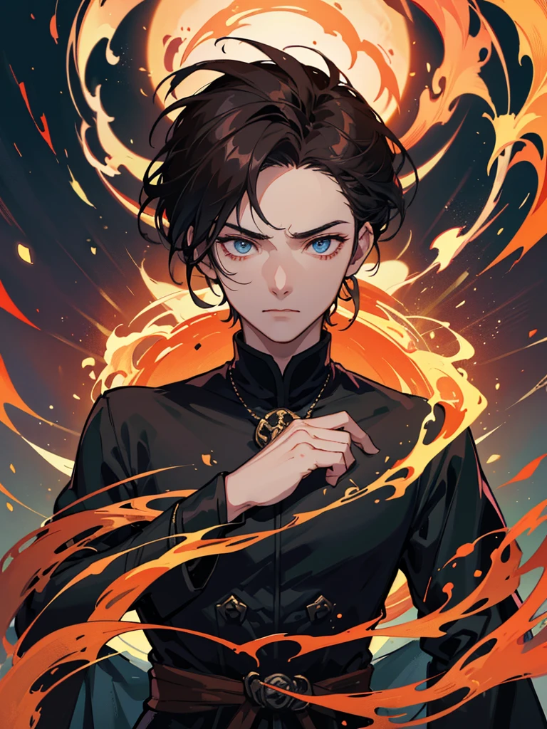 Create an image of Dergan, the eldest brother from the Dravaryn clan, specifically from the Firebreathers clan. Dergan is a 2 human with a slim and toned build, standing at 178 cm tall. He has short, dark brown hair styled in a fashionable manner. His eyes are expressive, with a hint of mystery, reflecting his enigmatic and introspective nature. Dergan wears elegant, flowing robes associated with the Dragon clans, which should be designed to highlight his connection to fire magic. The robes should be ornate and stylish, with elements that evoke flames and heat, such as fiery patterns or accents. His overall aura should be enigmatic with a touch of vulnerability. Dergan's abilities to control and manipulate fire should be evident, perhaps through visual effects such as subtle flames or a glowing aura around him. The style should be webtoon-inspired, with a focus on capturing his K-pop idol reference in a trendy and fashionable manner. Dergan’s personality is loving yet bossy, and he has a strong sense of devotion to his brothers. The image should reflect his introverted and observant nature while also showing his commanding presence and warmth.