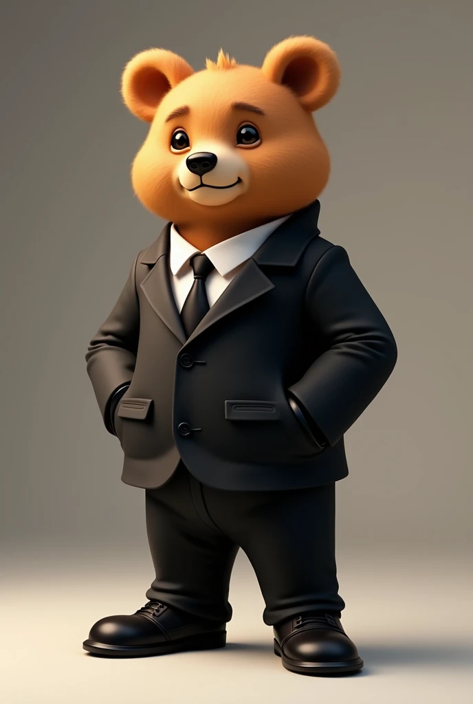 The bear is wearing a black suit、Charming