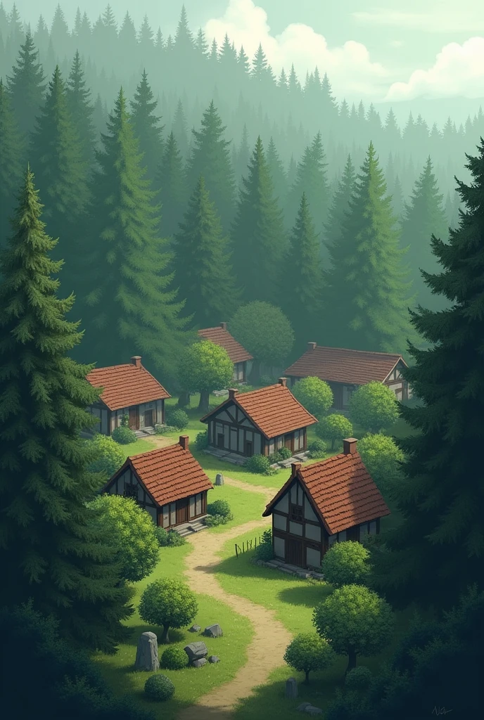Un petit village paisible entouré par une grande forêt dense. Les maisons sont simples, et la forêt semble lointaine, avec des arbres imposants en arrière-plan.
