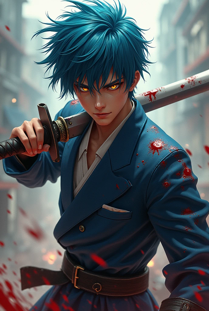 Create an image of a young warrior in the midst of an intense battle. He has messy blue hair, intense yellow eyes, and wears a torn and bloodstained suit, suggesting that he has been struggling for some time. The warrior holds a bloody katana tightly, the blade reflecting his fierce determination. Drops of blood are scattered around, both in the background and in your clothing, increasing the feeling of brutal and relentless combat. The expression on his face should show concentration and endurance., reflecting the intensity of the moment.