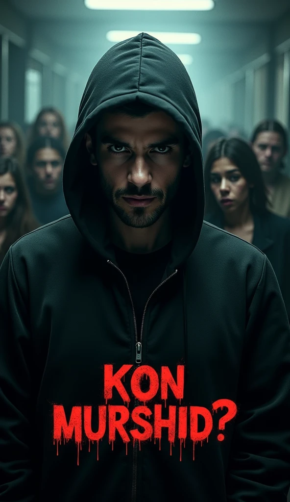 Design an ultra-realistic, 8K quality horror movie poster with a 9:16 aspect ratio. The poster features a handsome, slim,smart, 28 years guy standing in the foreground, wearing a black hoodie, with his face clearly visible and showing a determined expression. Behind him, a group of terrified people is visible, their faces filled with fear and anxiety. The background should evoke a dark and eerie atmosphere, with ominous shadows and haunting details. The movie title "KON MURSHID?" should be prominently displayed on the poster, capturing the intensity and horror of the scene.