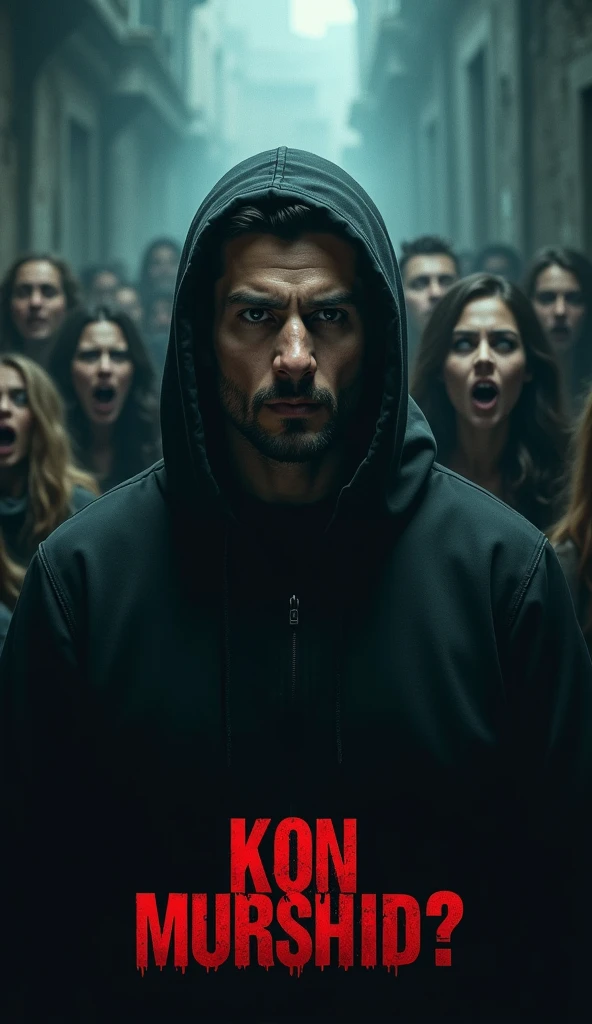 Design an ultra-realistic, 8K quality horror movie poster with a 9:16 aspect ratio. The poster features a handsome, slim,smart, 28 years guy standing in the foreground, wearing a black hoodie, with his face clearly visible and showing a determined expression. Behind him, a group of terrified people is visible, their faces filled with fear and anxiety. The background should evoke a dark and eerie atmosphere, with ominous shadows and haunting details. The movie title "KON MURSHID?" should be prominently displayed on the poster, capturing the intensity and horror of the scene.