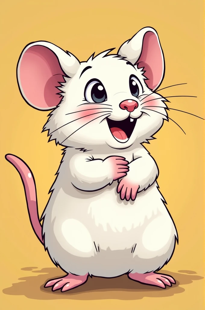 Camera viewing angle 45 degrees from above distance to object 2.50 meters It should be depicted a 25 centimetres tall white rat using comic design
