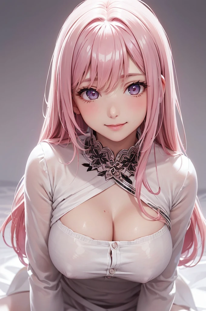 Best Quality,High resolution,8k,(plain white background, no patterns, no textures, just a plain white background:1.3),Masterpiece:1.2),beautiful girl,Big Breasts,(Shiny pink hair:1.3),messy hair,Beautiful pink eyes,Gentle look,A refreshing look,smile,Oversized shirt,Best quality,Best Quality,Aesthetic and aesthetic:1.2,Best details((Super detailed))(High-definition CG illustrations),Slender body,smile,blush,cute,Scrounge,Looking up,Being spoiled,super model, wariza, sit