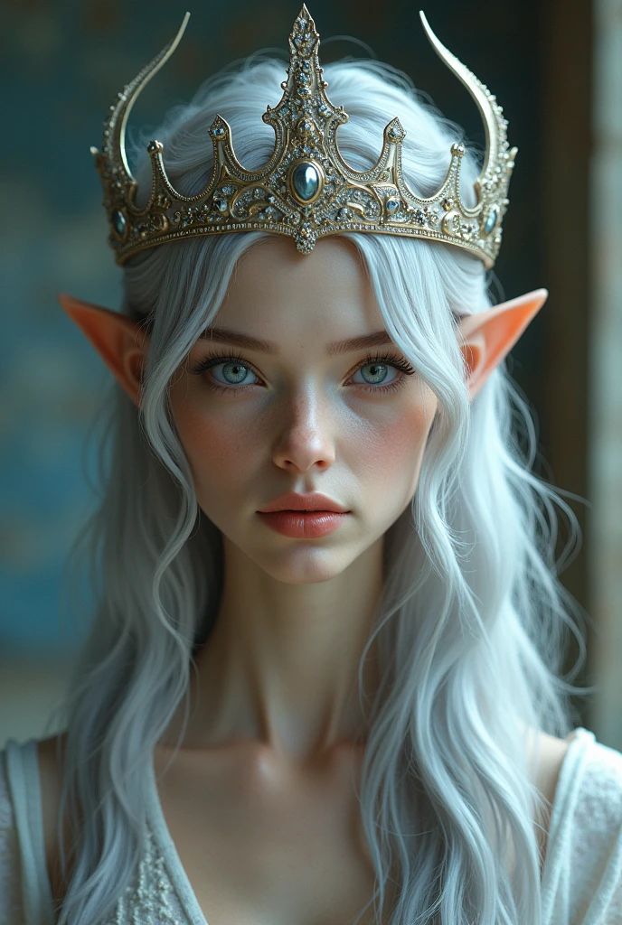 like your slightly pointy ears,a circular and pointed crown, that crown floated above the woman's head, the crown did not float.And what caught the most attention was the beauty of that woman, she was so beautiful with her long, silver hair., and her navy blue eyes gave her an aura of purity with her thin lips and her face that seemed to have been sculpted by an artist the woman was aut