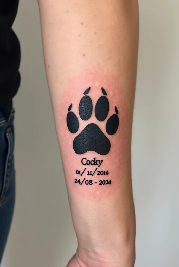 poodle dog paw tattoo just the silhouette without filling that has the name Cocky and the dates 01/11/2010 a 24/08/2024