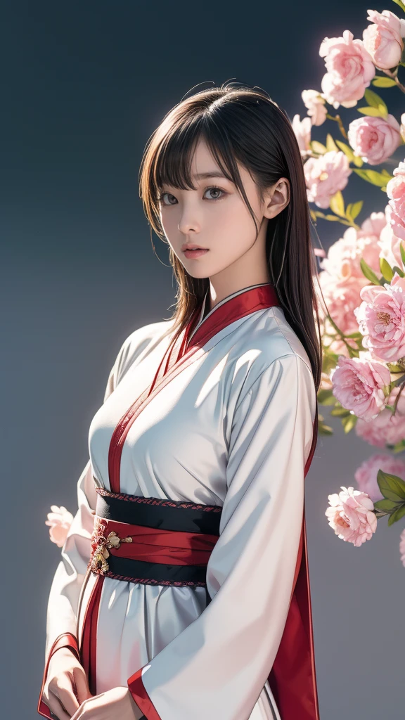 (masterpiece,Highest quality), (High resolution, 超High resolution, 8k,Highest quality,masterpiece,Very detailed,Studio Lighting,Ultra-fine painting,Sharp focus,Physically Based Rendering,Very detailed説明,Professional,Vibrant colors), ttnii,One girl, alone,flower, Border,Cowboy Shot, Lips parted, View your viewers, Grey Eyes, Multicolored background, Gradient Background, Chinese clothing, East Asian architecture, Depth of written boundary, with own hands, Particles of light, Film Grain, all, Film Overlay, flat,article,