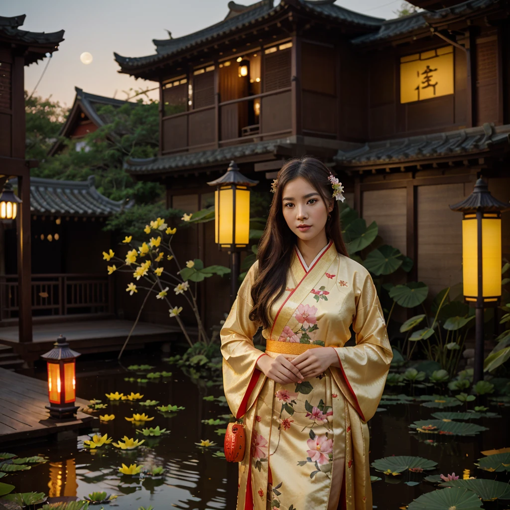 film grain, In the style of realistic photography with bright colors and high resolution., professional photography, A beautiful young woman in a stunning ancient hanfu, posing, surrounded by rabbit and flowers under the full moonlight, house grounds with lotus lake and garden background, mid-autumn festival theme, red lanterns, Giant mid-autumn lantern model